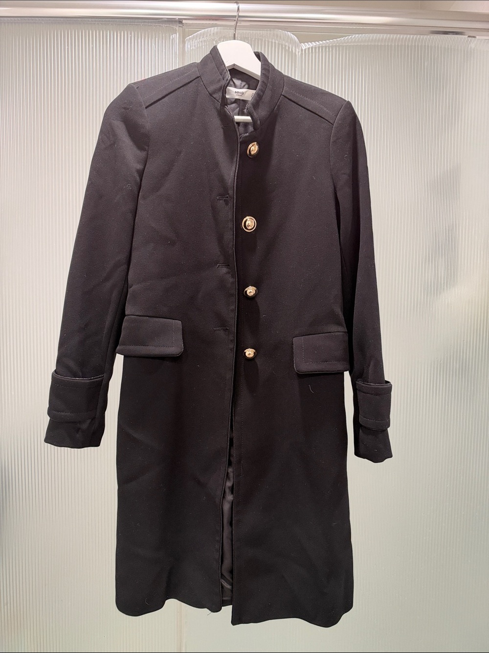 Mango Black Long Women's Pea Coat with Gold Buttons